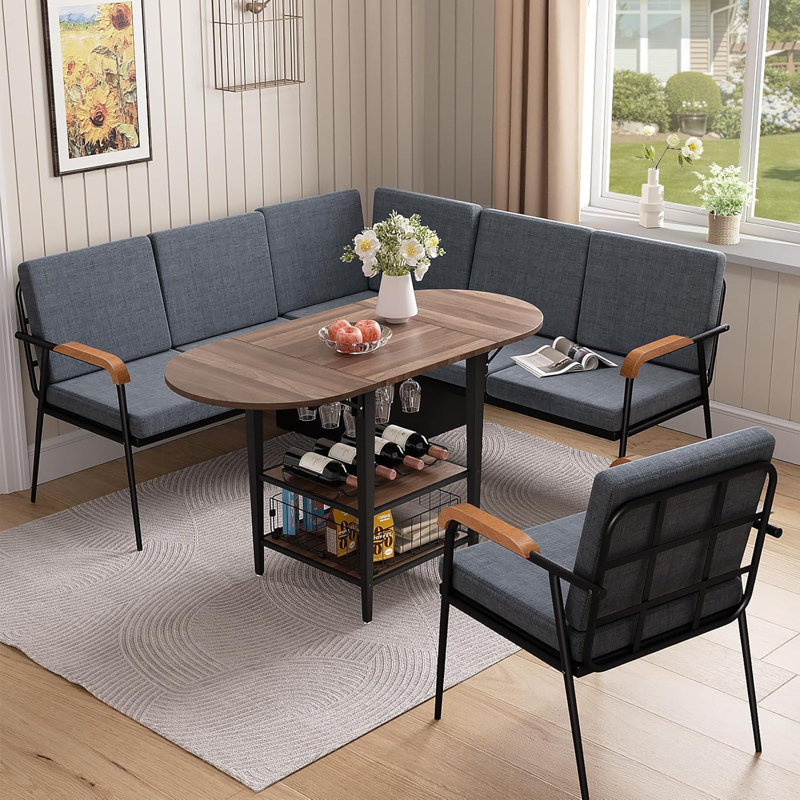 Ensemble de table de coin déjeuner avec rangement, ensemble de salle à manger en coin en L avec table pliable, banc d'angle et 1 chaise rembourrée, coin cuisine moderne pour petits espaces
