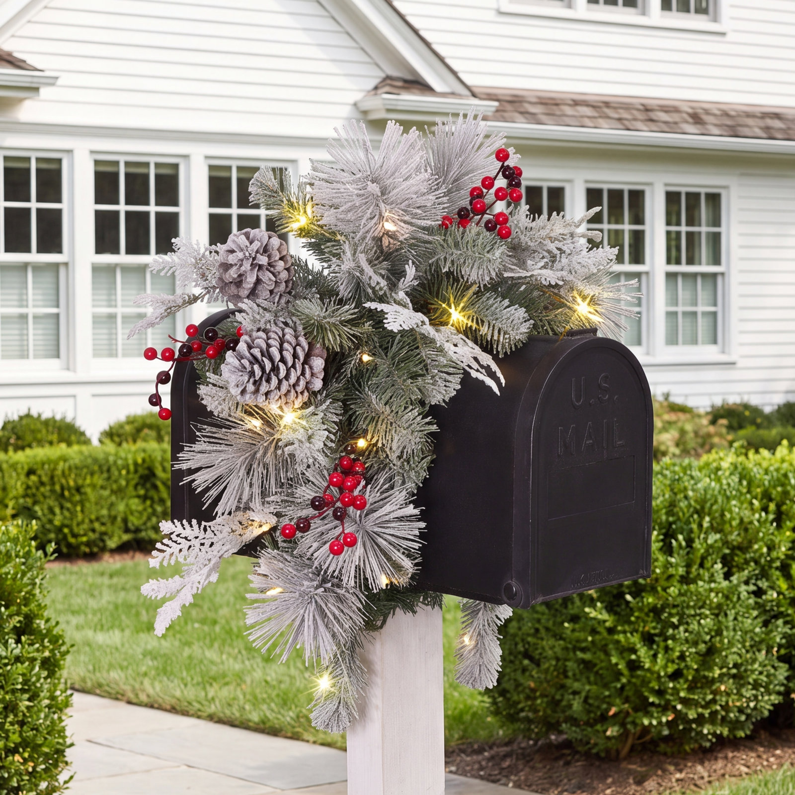 36" Pre-Lit Flocked Artificial Pine Mailbox Cover