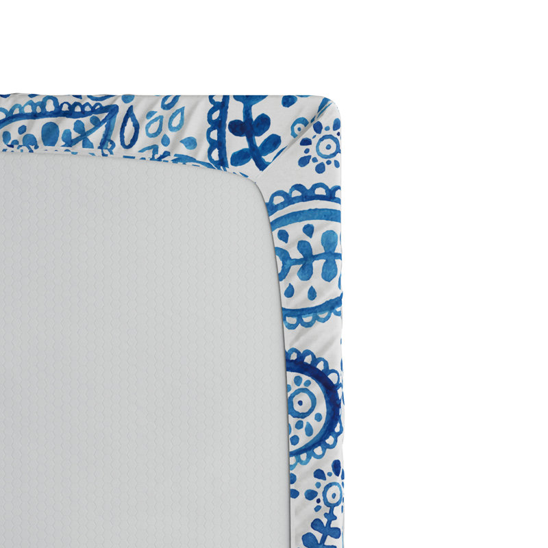 Queen White and Blue Paisley Microfiber Fitted Sheet