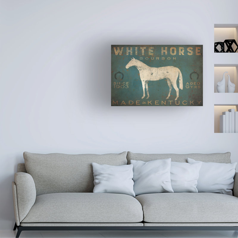 Art mural sur toile tendue - art mural «White Horse With Words Blue» par Ryan Fowler pour le salon, la chambre à coucher ou le bureau - 12 x 19