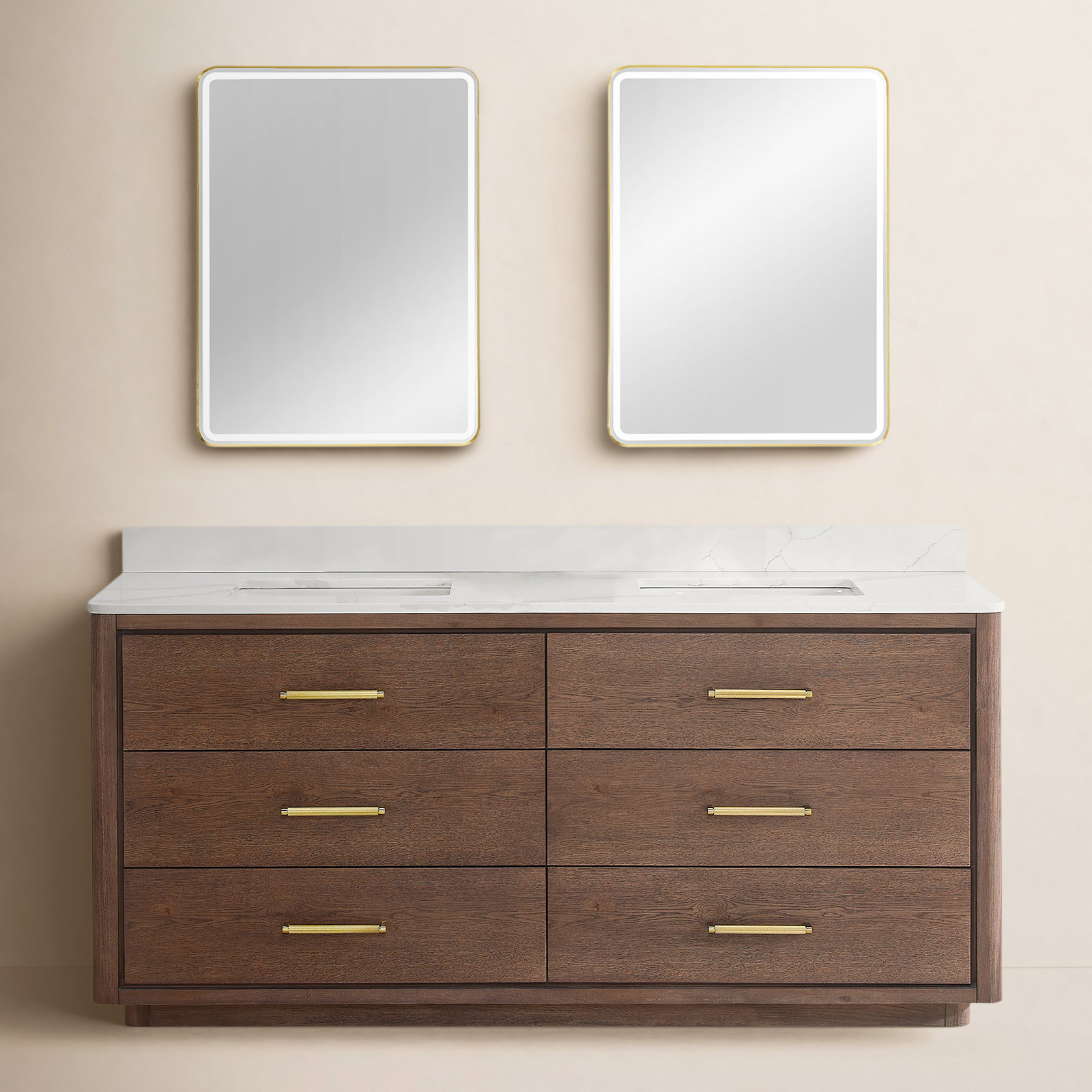 Porto 72'' Double Bathroom Vanity, Dark Brown Oak, Gold
