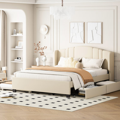 Upholstered Platform Bed With Wingback Headboard, Queen, 2 Drawers, Twin Trundle, No Box Spring, Beige Linen Upholster Queen Sized, Spring Requirement,