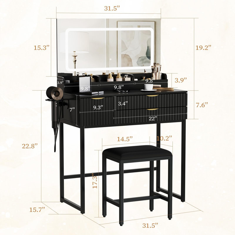 Table de coiffeuse éclairée avec plateau en verre miroir et support pour sèche-cheveux, Noir