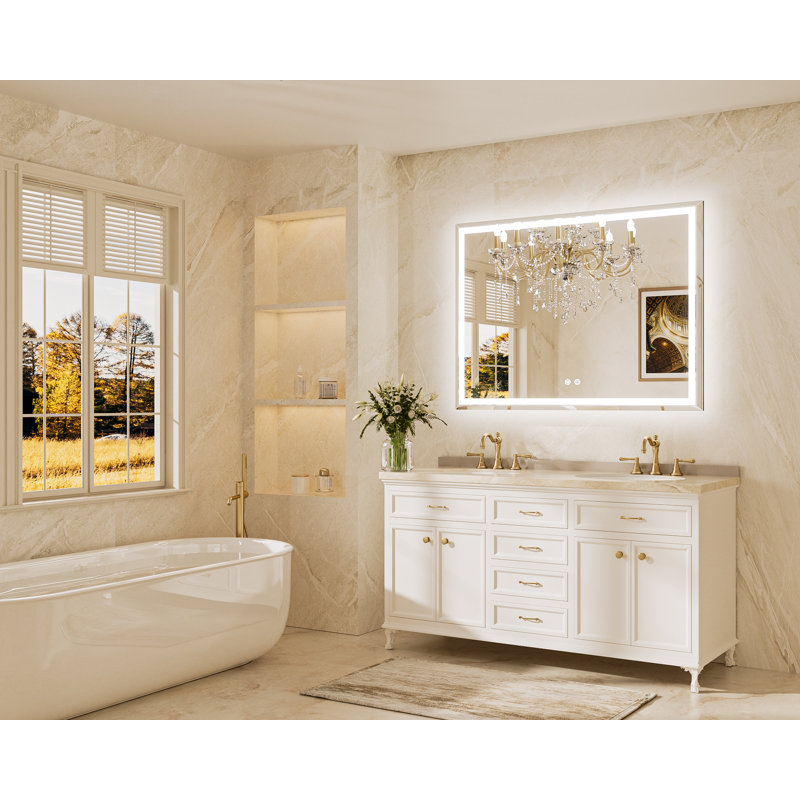 Beveled Front & Back LED Bathroom Vanity Mirror Dimmable Anti-Fog Tempered Glass, 48" x 36", Rectangle