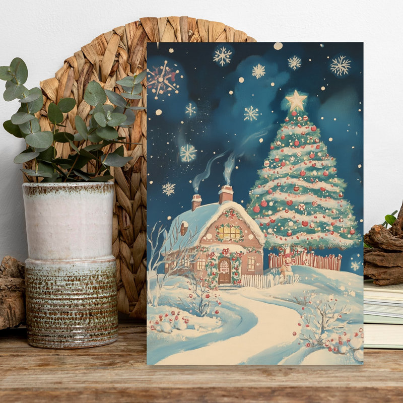 Snowy Christmas Night Abstract Christmas Tree Winter Architecture Wall Art Print 1 Piece Wrapped Canvas Wall Art