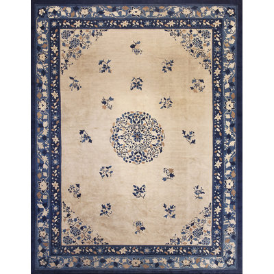 1920s Knotted Antique Room Size Ivory Chinese - Peking Rectangle Wool Rug