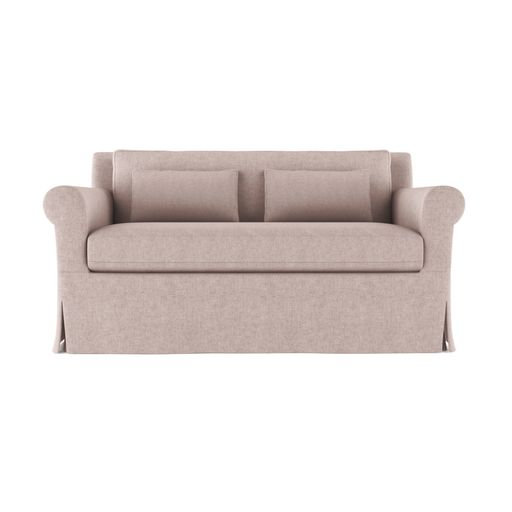 Ludlow Rolled-Arm Skirted Loveseat, 34" H x 60" W x 38" D, Box Weave Linen Blue Print, Weathered
