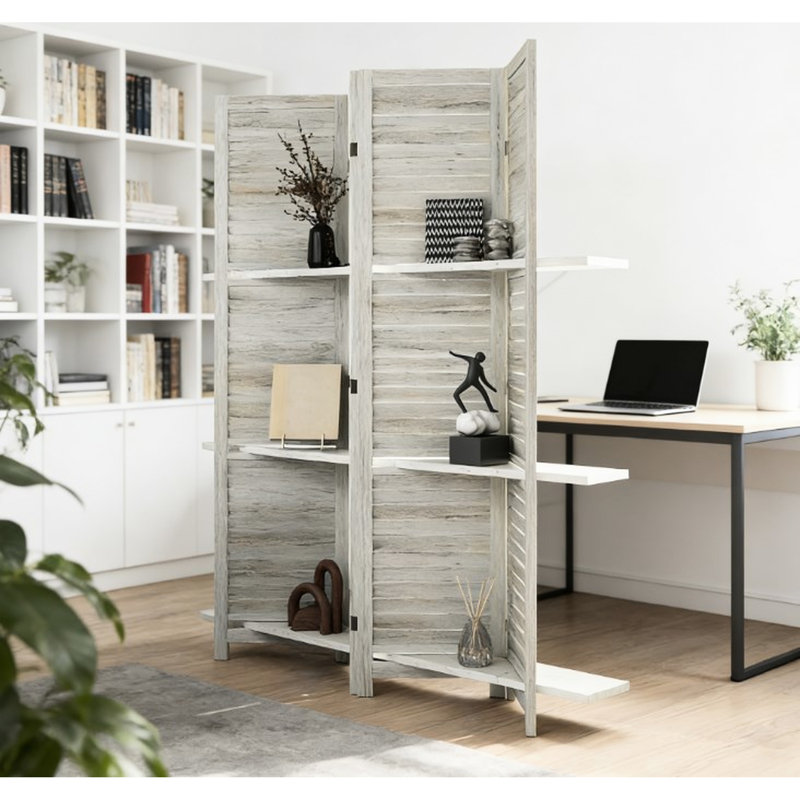 Paravent d'intimité, bois à quatre panneaux, conception pliante pour un rangement facile, décoration à trois tablettes, charnières en acier, espace de vie et de bureau, option de rangement en bois, tablettes de présentation, bon