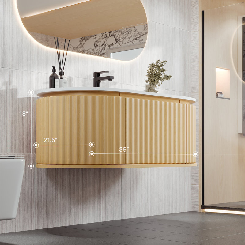 Haven 39'' Single Bathroom Vanity with Solid Surface Top, Natural, White