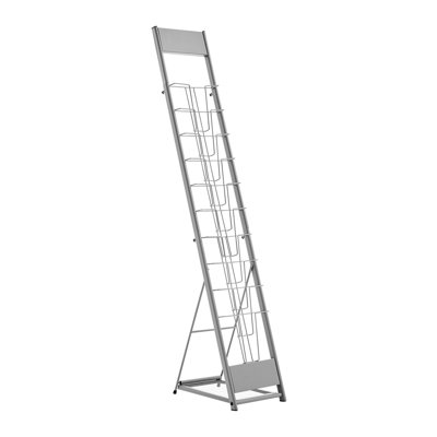 Brochure Display Rack, 10 Pockets Magazine Literature Display Stand, Portable Floor Standing Magazine Rack, Metal Newspaper Catalogue Holders for Shop, Exhibitions, Office, Trade Show, Silver