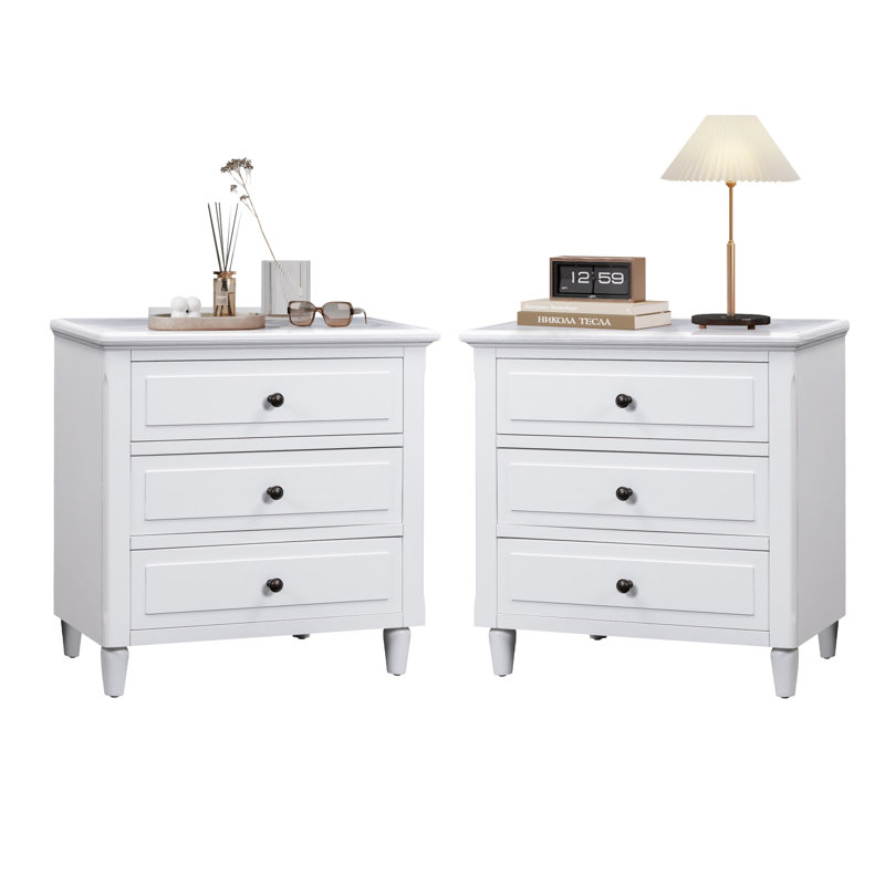 Albers Traditional 3 - Drawer Nightstand With Solid Wood Legs (Set Of 2), White