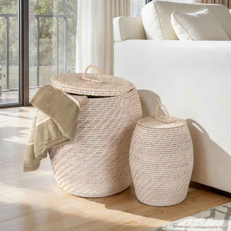 Decorative Hand-Woven Rattan Storage Baskets with Lids, White Washed