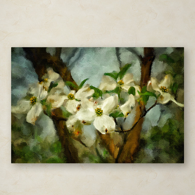 Large White Floral Canvas Art with Green Accents