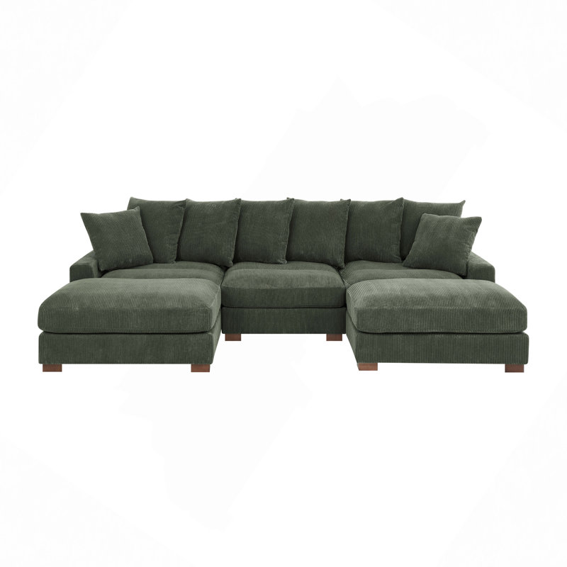 Canapé modulaire en velours côtelé, coussins moelleux en mousse, pieds en bois massif et structure durable, Vert antique