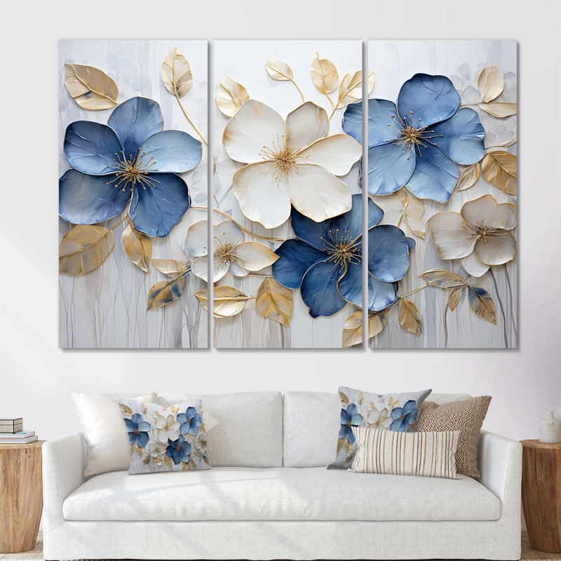 «Blue and Gold Adorned Violets III - Violets», ensemble d'art mural, Toile tendue, H 32 po x l 48 po x P 1 po