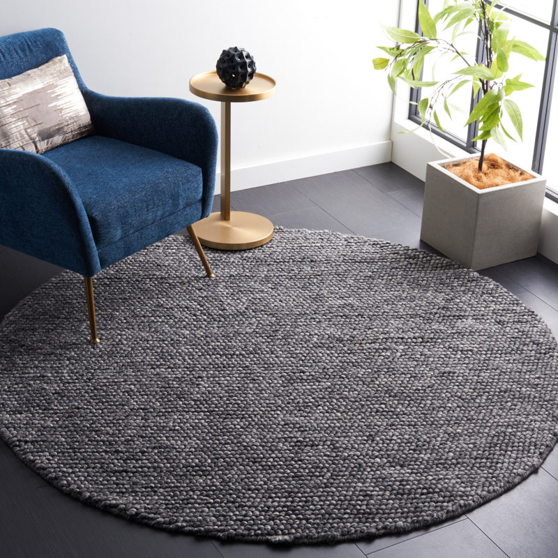 Tapis gris foncé fait à la main Elle, Rond 4 pi