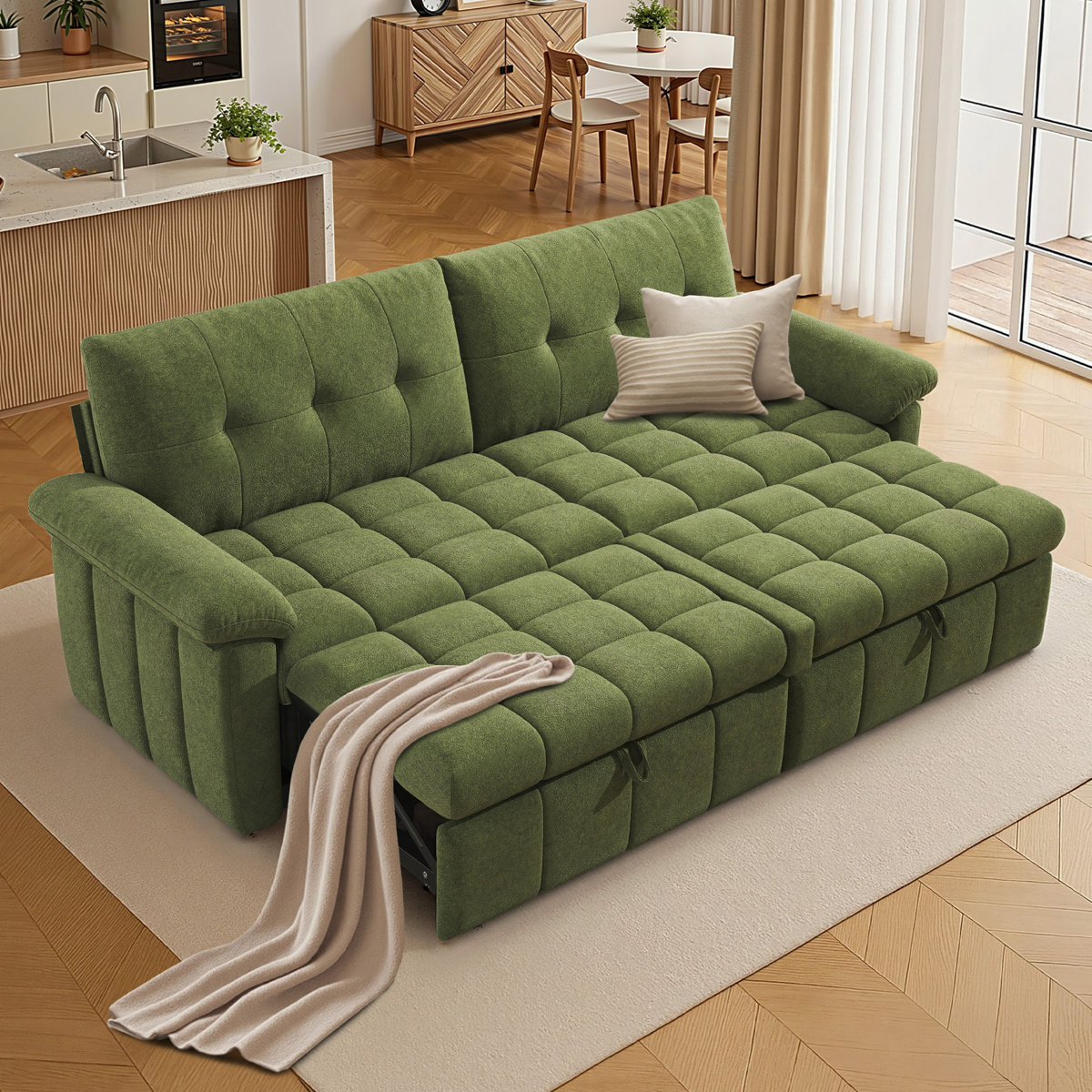 93'' Wide Chenille Tufted Convertible Sofa Bed with Pull-Out Sleeper and 5-Position Adjustable Backrest