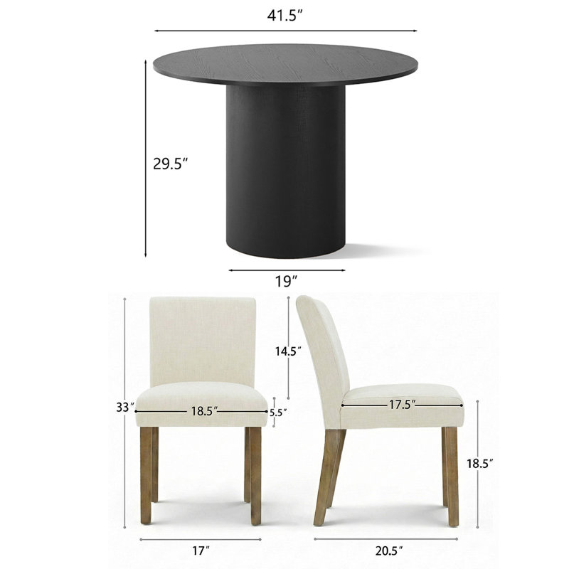 Ensemble de table de salle à manger pour 4 personnes avec table ronde et 4 chaises rembourrées en lin, Cream