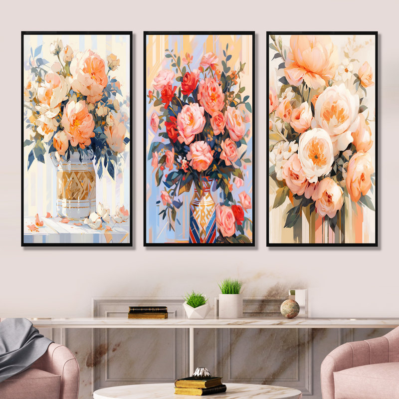 «Peony Blossoms Of Tranquility» - ensemble de 3 reproductions d'art sur toile, Cadre flottant noir, H 28 po x l 36 po