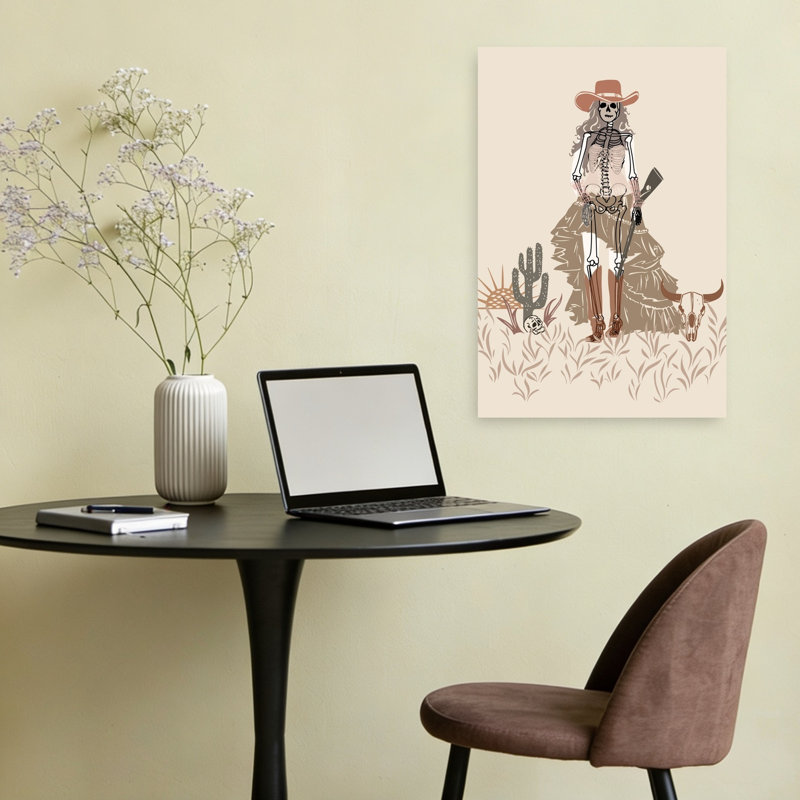 Affiche murale bohème représentant une cowgirl squelette, un squelette rustique et abstrait, un cactus et un paysage animalier.