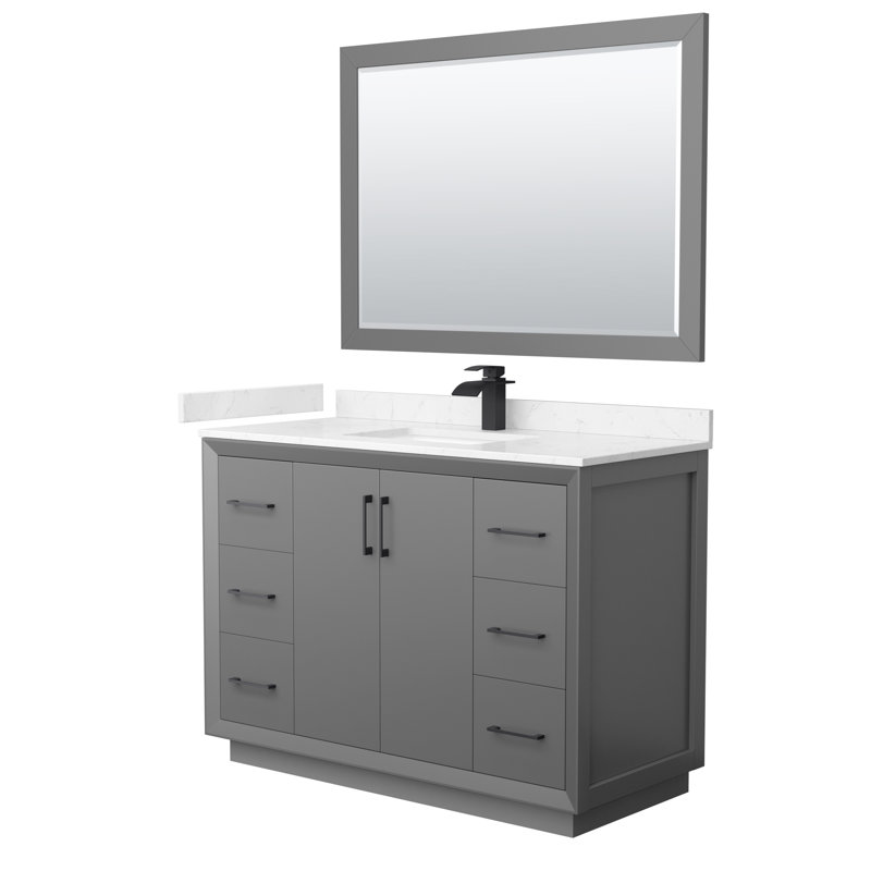 Ensemble de meuble-lavabo simple 48 po avec miroir Strada, Gris foncé, Noir mat, Marbre de culture de Carrare