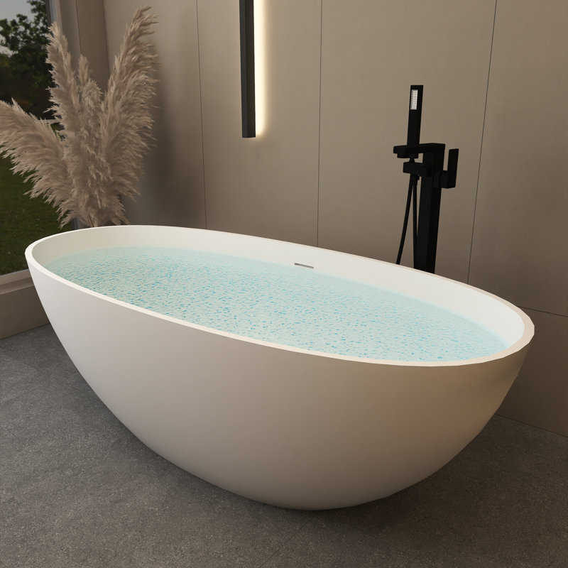 65-Inch Matte White Solid Surface Freestanding Soaking Bathtub