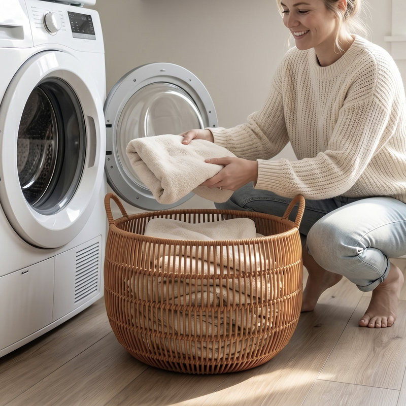 15.9"W x 11.2"H Woven Rattan Laundry Basket with Metal Handles - Stylish, Durable & Easy-Clean for Any Room
