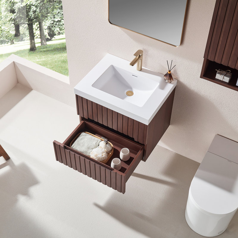 Meuble-lavabo simple mural et suspendu de 61 cm (24 po) en noyer foncé avec lavabo blanc intégré en acrylique, armoire en contreplaqué préassemblée avec 2 tiroirs