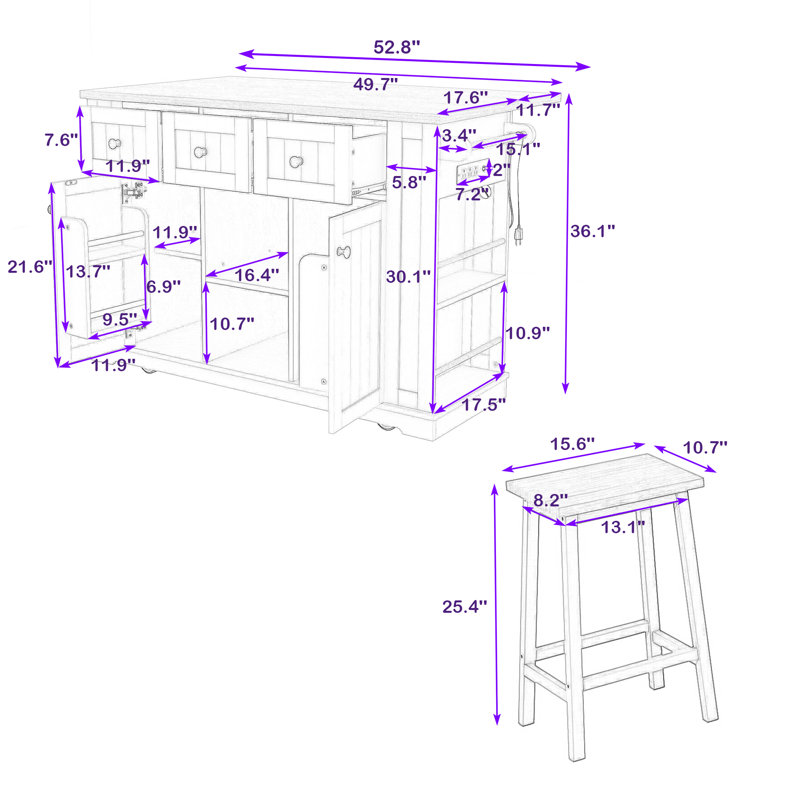 Cheryllynne 3-Piece Kitchen Island Set with Built-in Charging Station, Expandable Countertop and Two Bar Stools, White