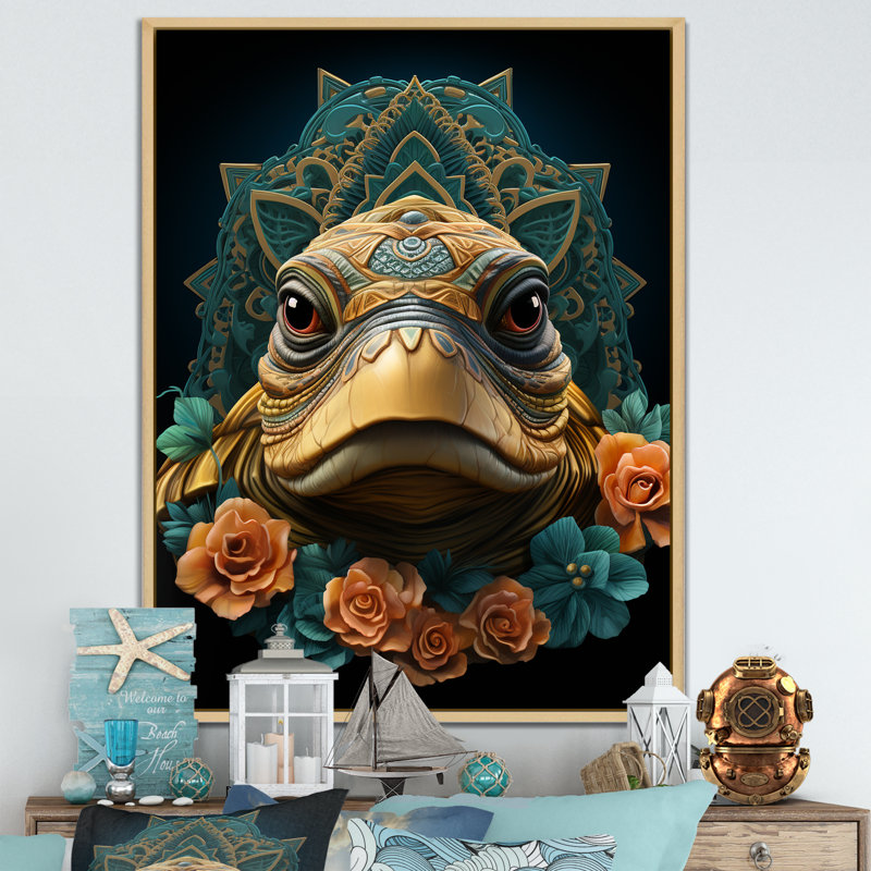 «Sea Turtle Portrait Journey II - Coastal Animal», art mural, Cadre flottant brun, 40" H x 30" W