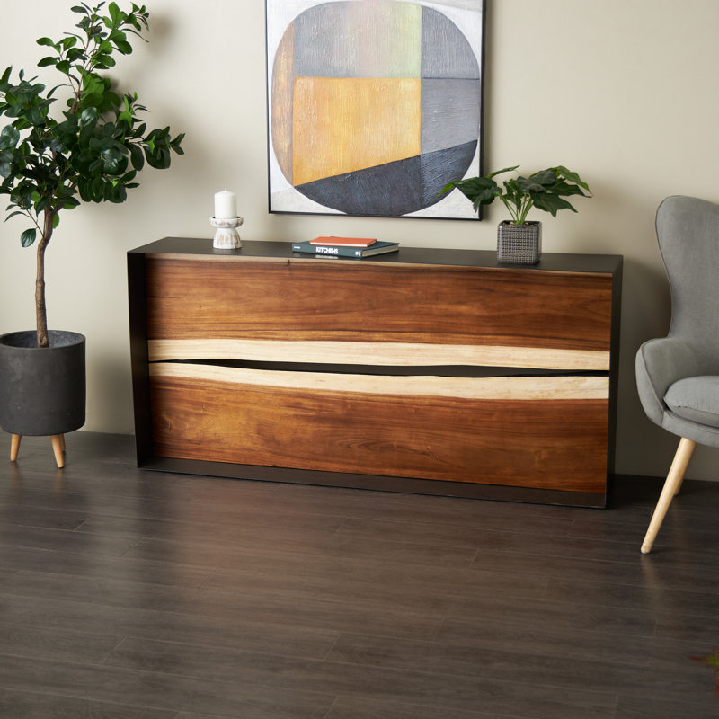 Console de salon Cole et gris en métal fait à la main avec façade en bois brun