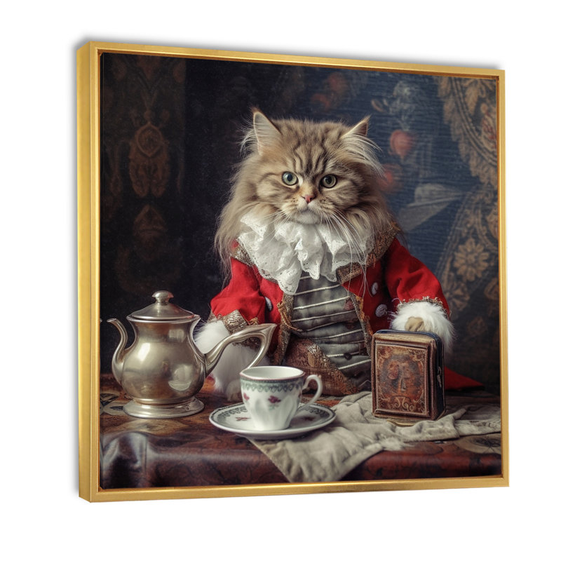 Chat blanc sibérien en costume élégant sur toile, H 24 po x l 24 po x P 1 po, Cadre flottant doré