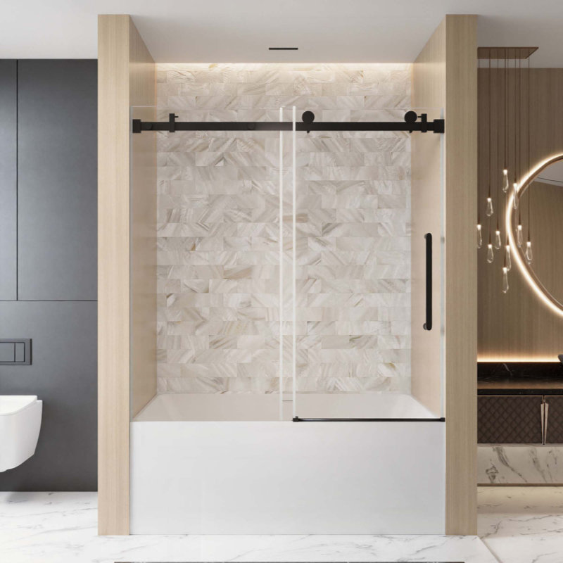 Frameless Single Sliding Shower Door, 1/4 "(6 Mm) Clear Tempered Glass, Explosion Proof Film, Stainless Steel Handle,Square Tube Track