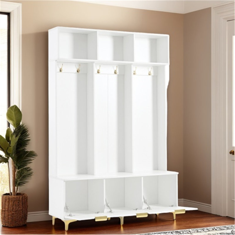 Grand portemanteau polyvalent avec banc pour le hall d'entrée et le salon, Blanc / Doré