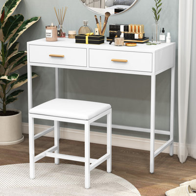 Ensemble de bureau moderne blanc et doré avec coiffeuse 2 tiroirs et tabouret pour filles