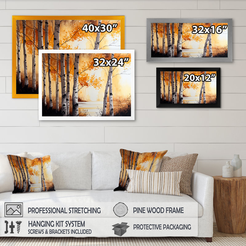 «Yellow Birches by the Lakeside I», reproduction sur toile, H 24 po x l 32 po x P 1 po, Cadre photo noir