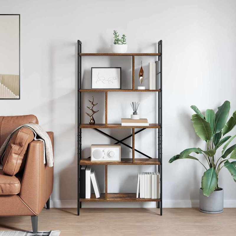 75cm W Steel Etagere Bookcase, (5 Shelves) 156cm. H x 75cm. W x 30cm. D, Smoked Oak