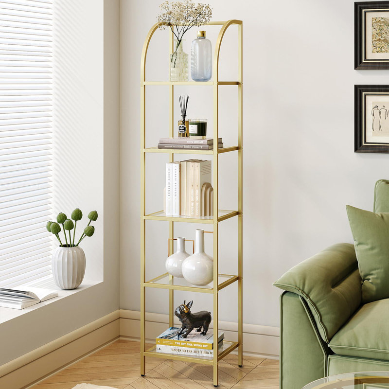 5-Tier Bookcase Bookshelf,Gold Finish Arched Glass Bookcase, 59.1" H x 59.1" W x 13.8" D