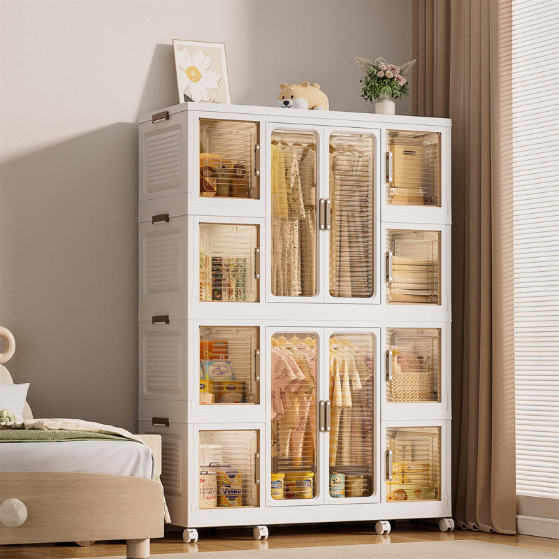 Garde-robe portatif avec 12 portes magnétiques, 12 cubes, 2 tringles de suspension et 16 cintres pour le rangement organisé