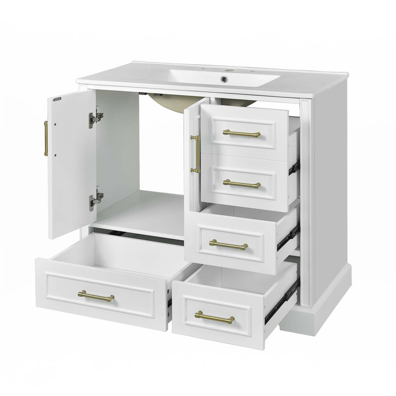 Meuble-lavabo traditionnel 36 "avec lavabo en céramique, Blanc, Doré