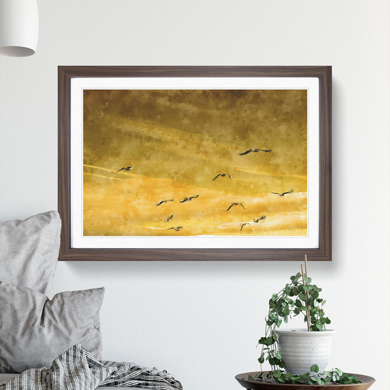 Flying Seagulls at Sunset - Picture Frame Graphic Art, Walnut Framed, 36cm H x 48cm W x 2cm D
