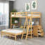 Lit superposé avec rangement simple et double avec bureau intégré et trois tiroirs, fabrication en pin massif aux tons naturels