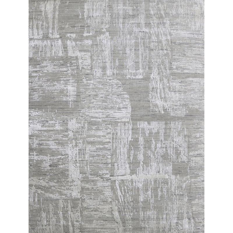 Tapis gris et blanc noué à la main de haute qualité, Rectangle 9 pi x 12 pi