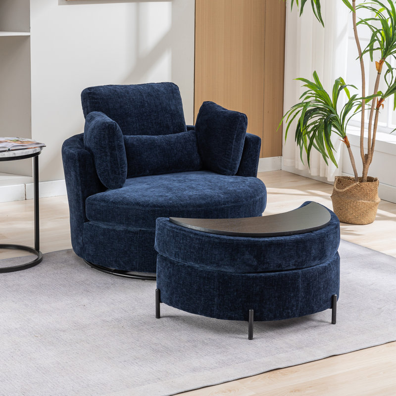 Kavonta Upholstered Slipcovered Swivel Barrel Chair with Ottoman, Navy Chenille