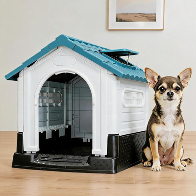 Large Outdoor Dog House for Medium and Large Dogs, Waterproof Plastic Doghouse with Elevated Floor, Air Vents, Sloping Roof, Easy Assembly, 30.5''D×23.8''W×30.1''H