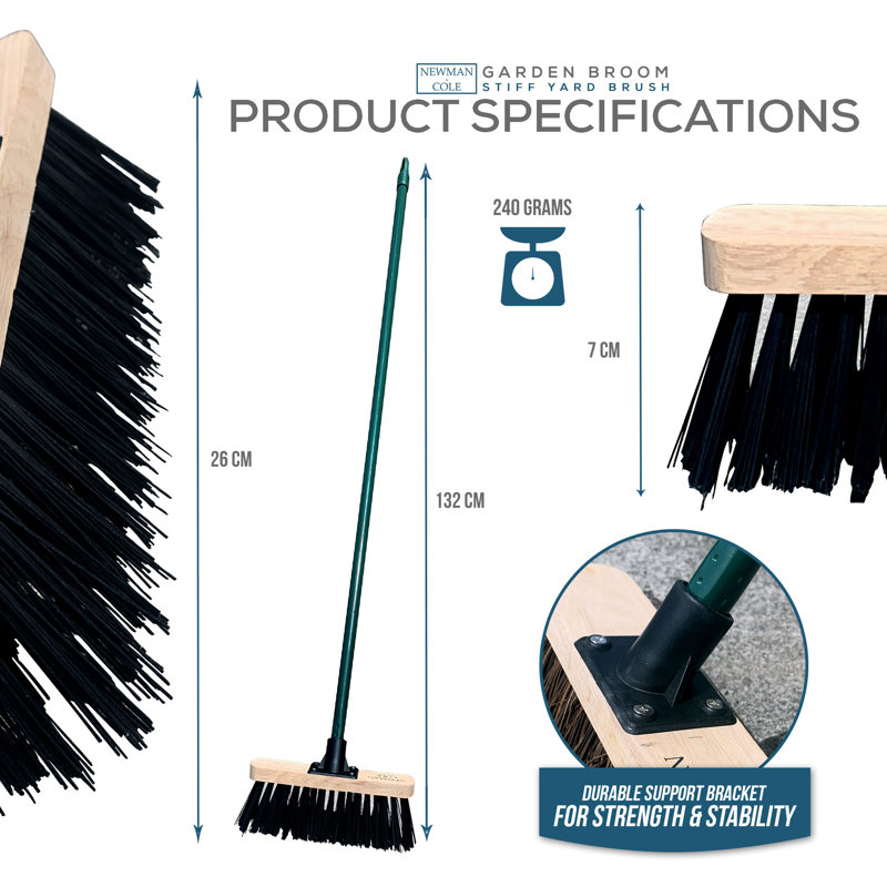 Garden Broom 10" Stiff Yard Brush with Hard Synthetic PVC Bristles and Green Handle