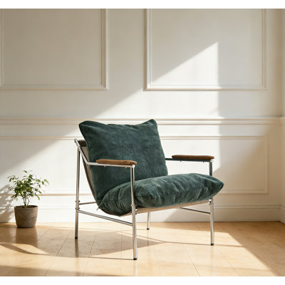 Green Chenille Arm Accent Chair With Metal Legs
