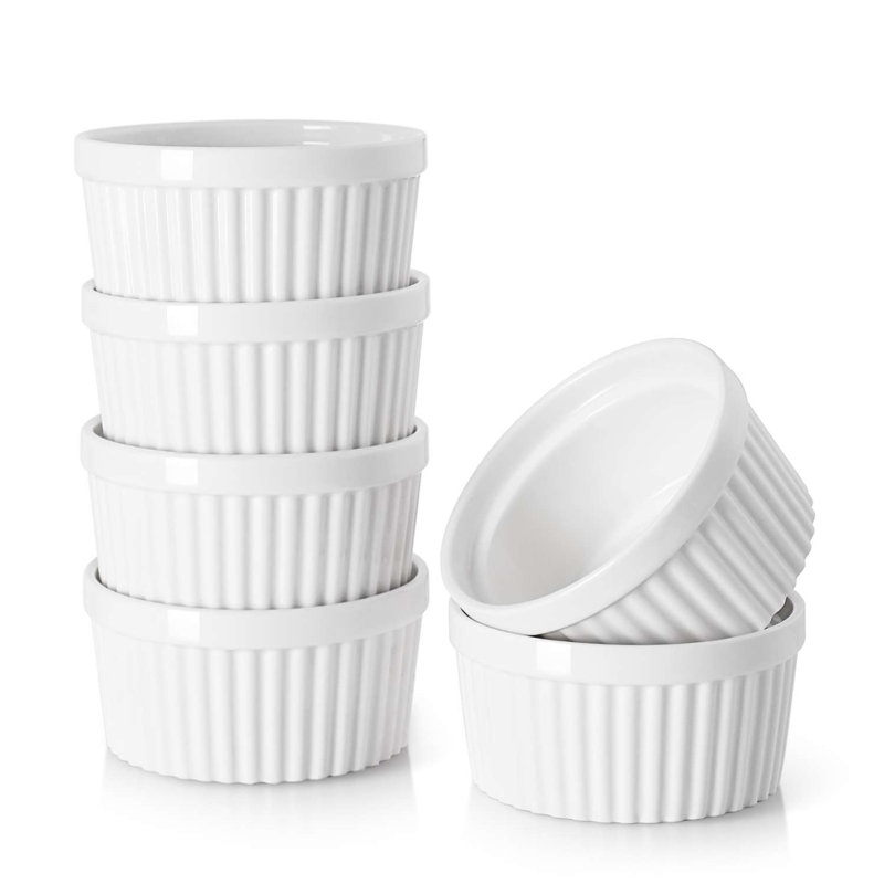 Ensemble de 6 ramequins en porcelaine 6 pièces, plats de cuisson nervurés 6 oz, Blanc, 3,5 po x 3,5 po 