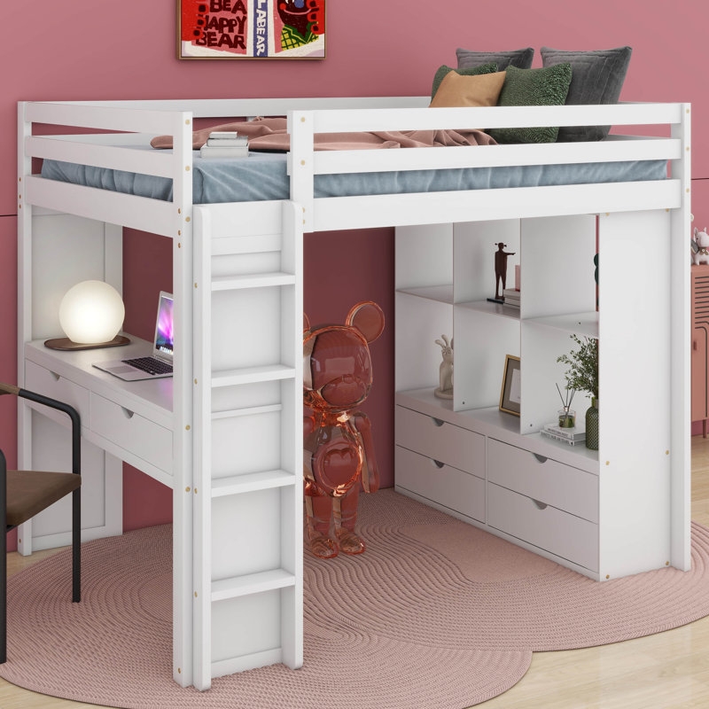 Jashay Kids Full Loft Bed with Drawers, White