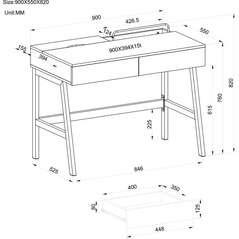 Peary Metal Base Writing Desk, Dark Walnut/White
